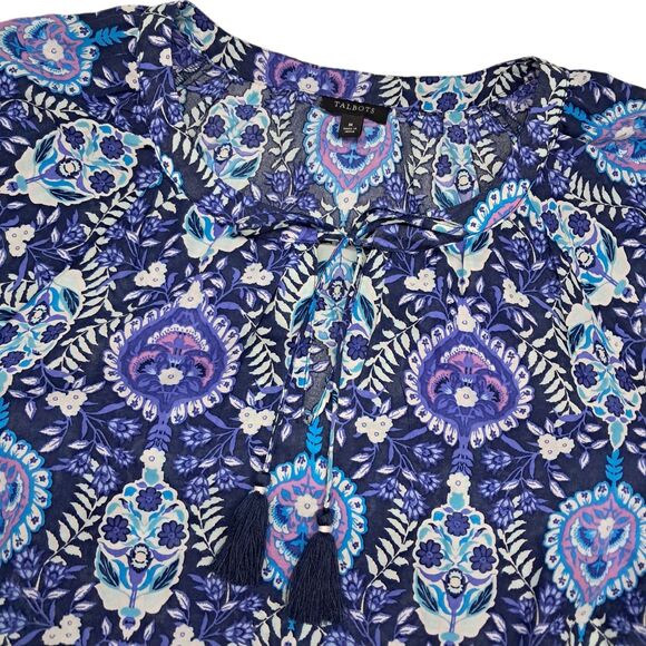 Talbots Top Womens Medium Blue Pleated Short Sleeve Floret Medallion Tassel Boho - Picture 5 of 10